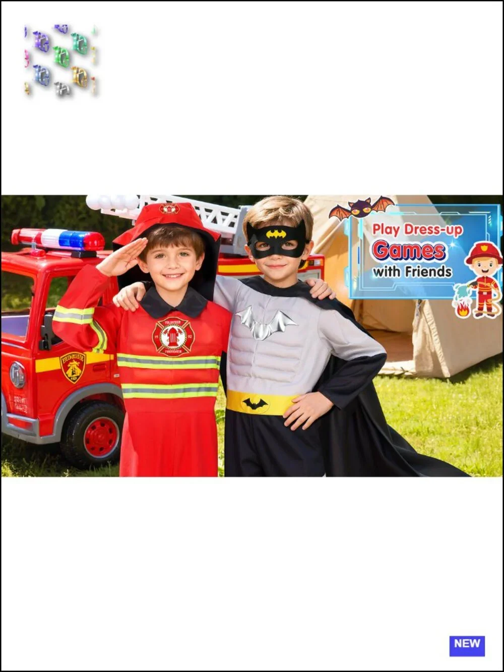 Kids Boys Muscle Chest Costume Set 4-in-1 Fireman Policeman Role Play Dress Up